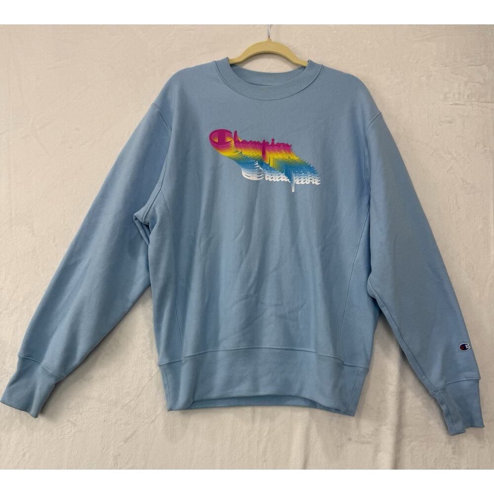 Champion Reverse Weave Crew Neck Sweatshirt Sky Blue Rainbow Wave Size Medium